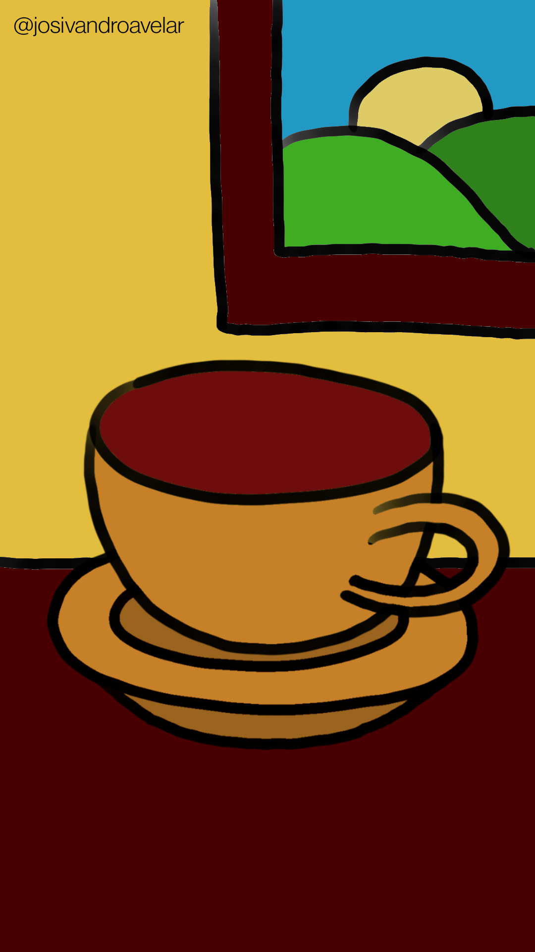 Artes digitais: a melhor hora 1 Esta é a melhor hora para tomar um café em uma xícara em tons de cerâmica, em cima de uma mesa em tom de madeira escuro, em uma parede amarela com uma janela exibindo a vista de um céu azul com Sol e montanhas.
