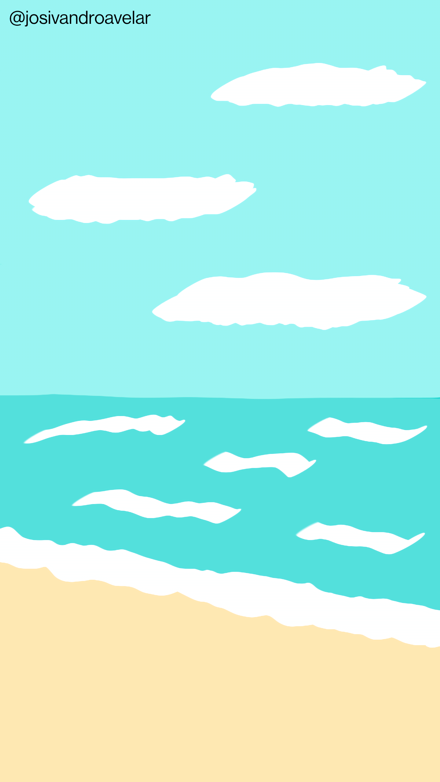 Artes digitais: todo azul do mar 1 Uma praia, com areia, céu azul com nuvens, e todo azul do mar com ondas.