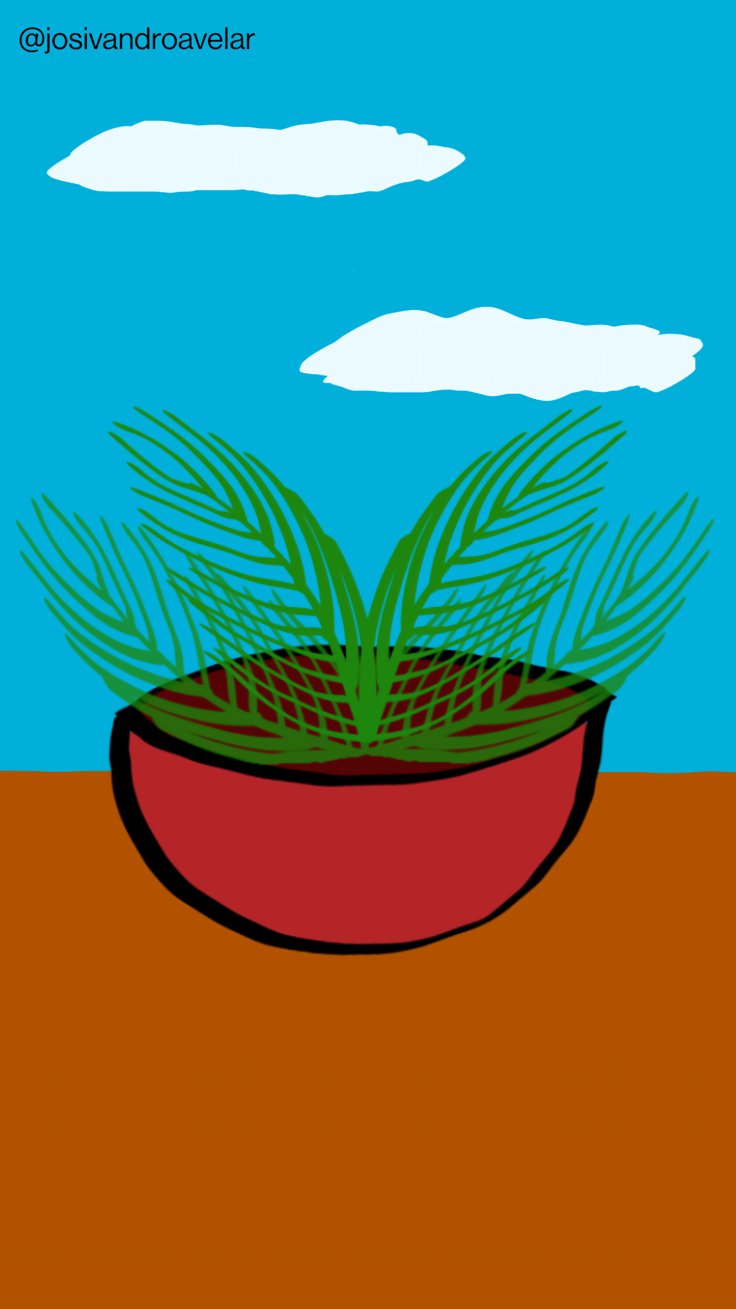 Artes digitais: vaso de planta 1 Vaso de planta em tom de marrom com uma planta, sobre uma mesa em tom de madeira, ao fundo de um céu azul.
