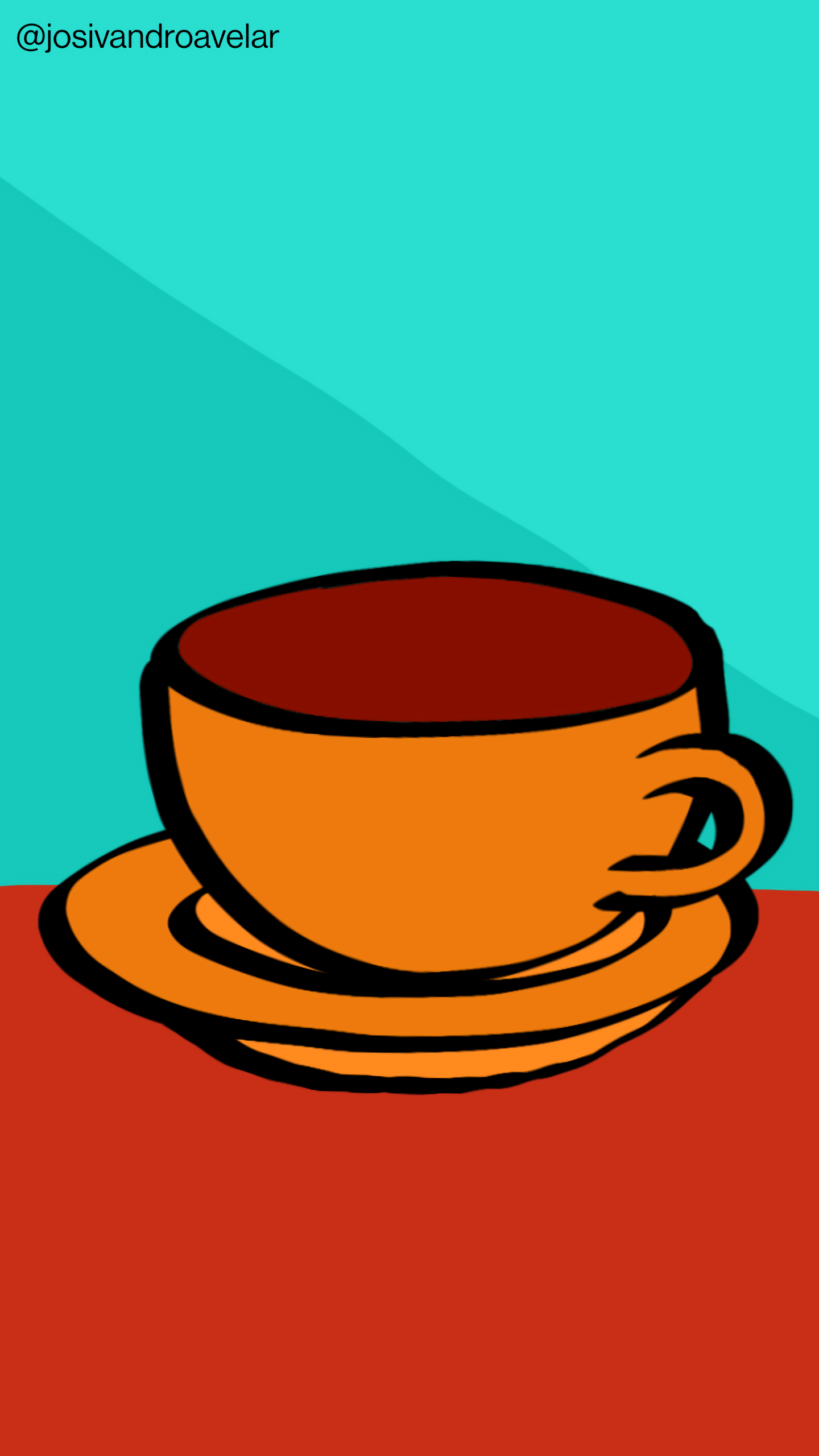 Artes digitais: pode tomar um café de noite? 1 Pode tomar um café de noite? Servi em uma xícara em tom de laranja escuro, sobre uma mesa em tom de madeira clara, em um fundo em tons de azul.