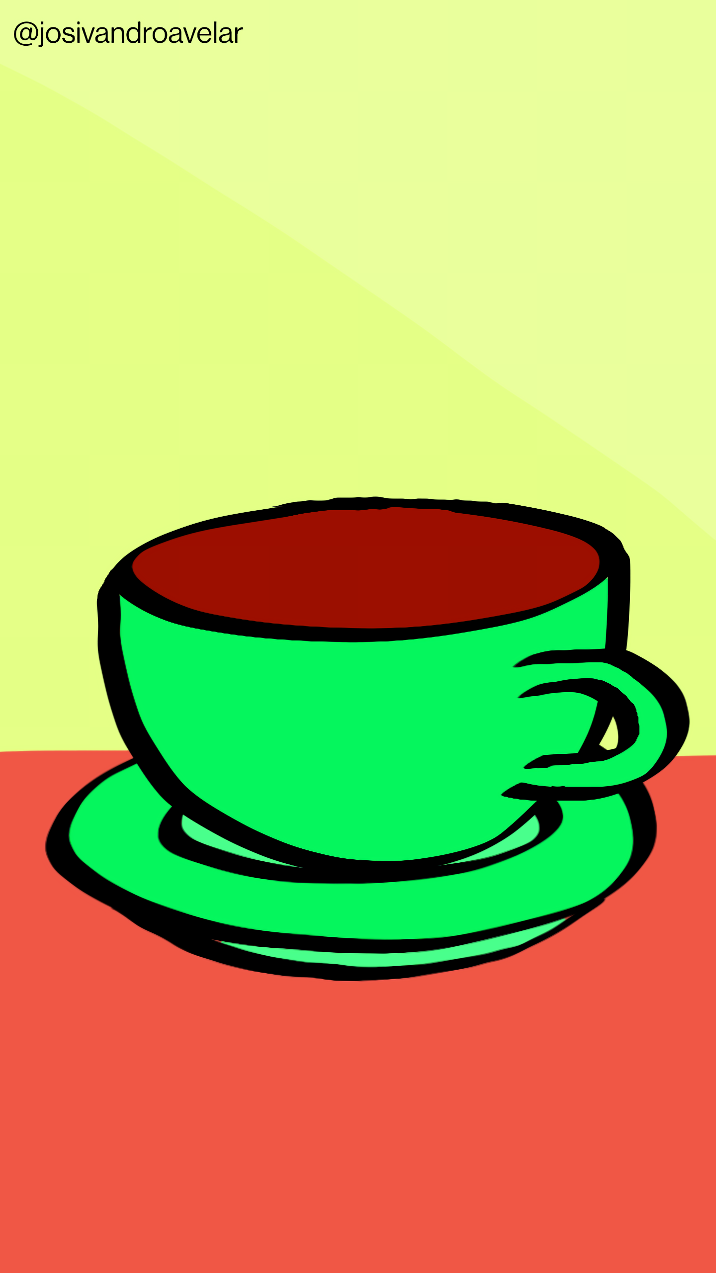 Artes digitais: café animado 1 Café animado servido em uma xícara verde, sobre uma mesa em tom de madeira clara, sob uma parede em tons de verde-limão amarelado claro.