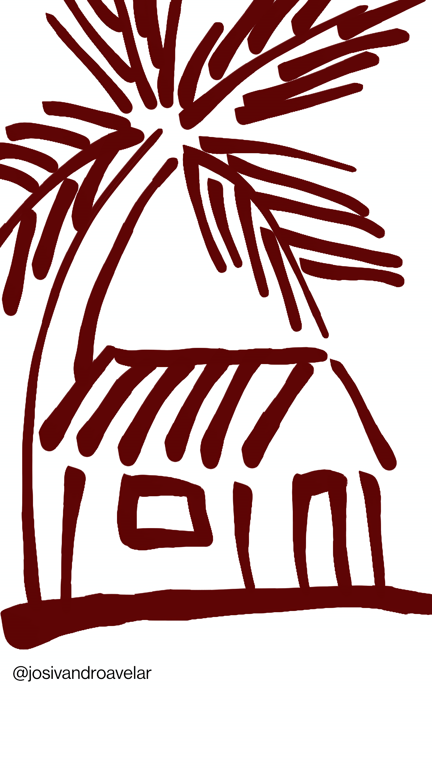 Artes digitais: de volta a cabana 1 De volta a cabana, em cima de um morro com um coqueiro, desenhada com linhas de cor marrom sobre um fundo branco.