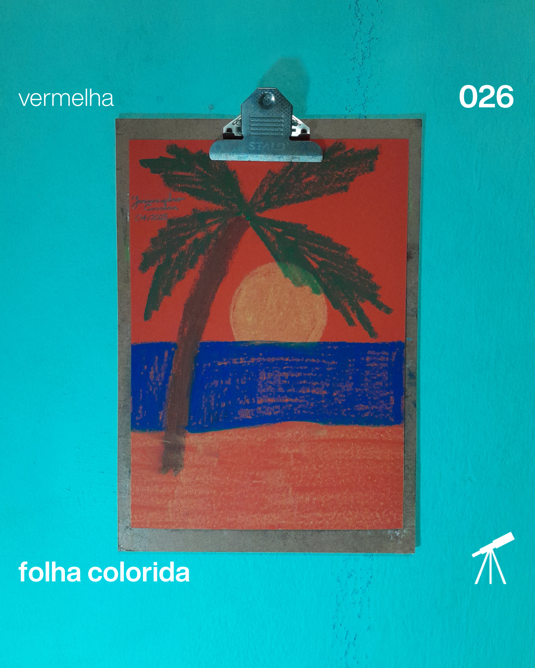 Ao encontro do paraíso com um coqueiro, areia da praia, mar e Sol, desenhado com giz pastel em uma folha de cor vermelha.