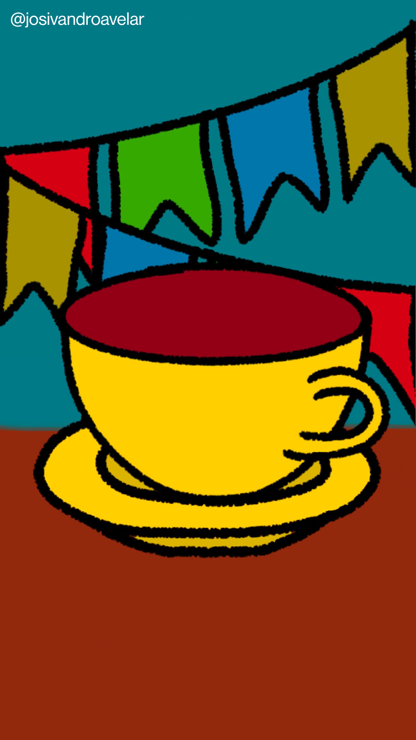 Artes digitais: clima junino pede café 1 Clima junino pede café em uma xícara em tons de amarelo, sobre uma mesa em tons de madeira, em um fundo com bandeirolas de São João e um céu azul.