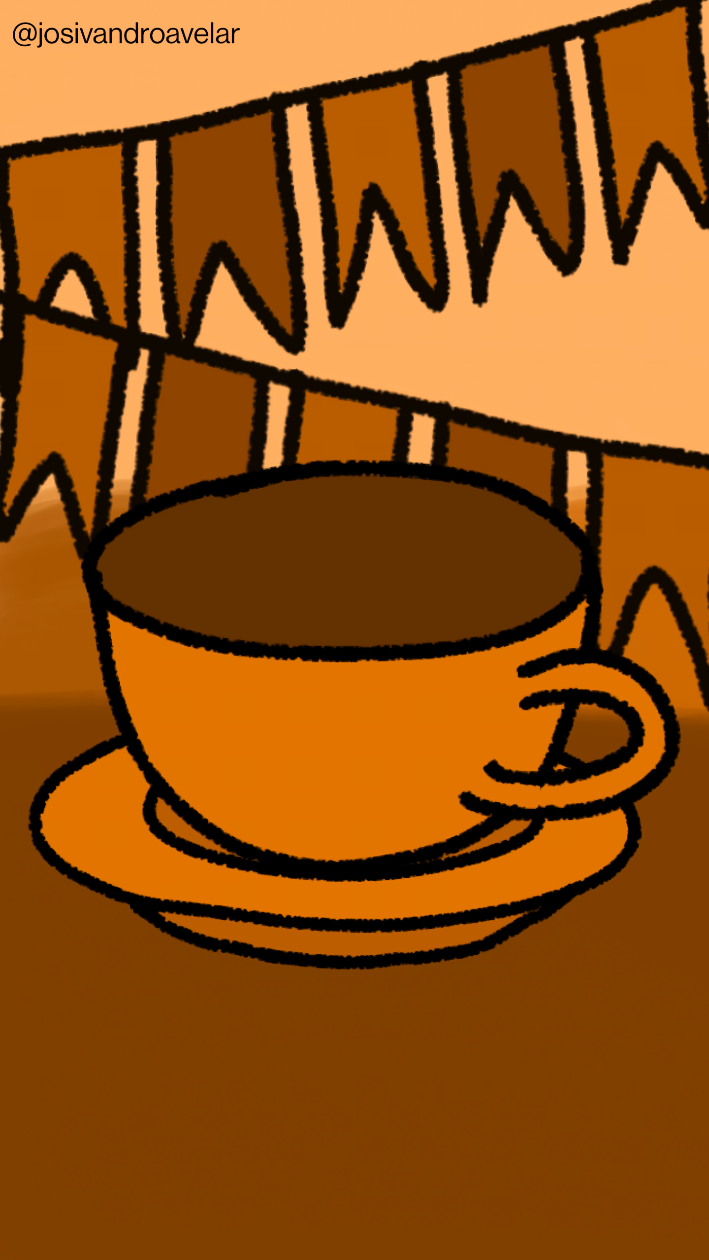Artes digitais: café da terra 1 Café da terra em uma xícara em tons de bege, em uma mesa em tons de madeira, e um cenário em tons de marrom e bege.
