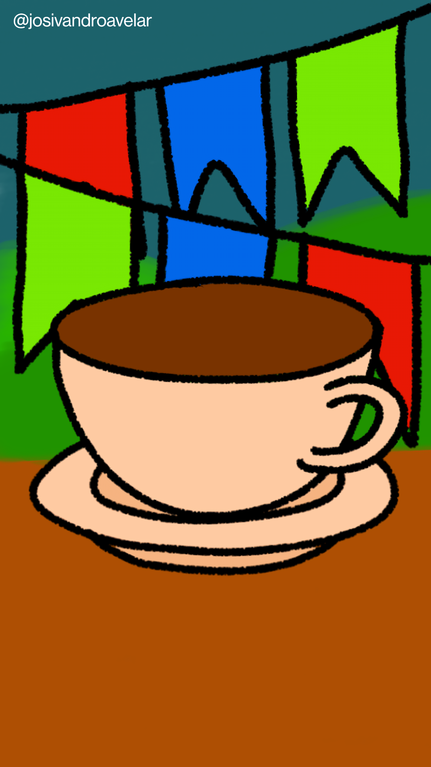 Artes digitais: energias recarregadas, é véspera de São João! 1 Café servido em uma xícara em tom de bege rosado claro, sobre uma mesa em tom de madeira, em um cenário junino com bandeirolas, a frente dos morros em um céu noturno, garantindo energias recarregadas nesta noite de São João.