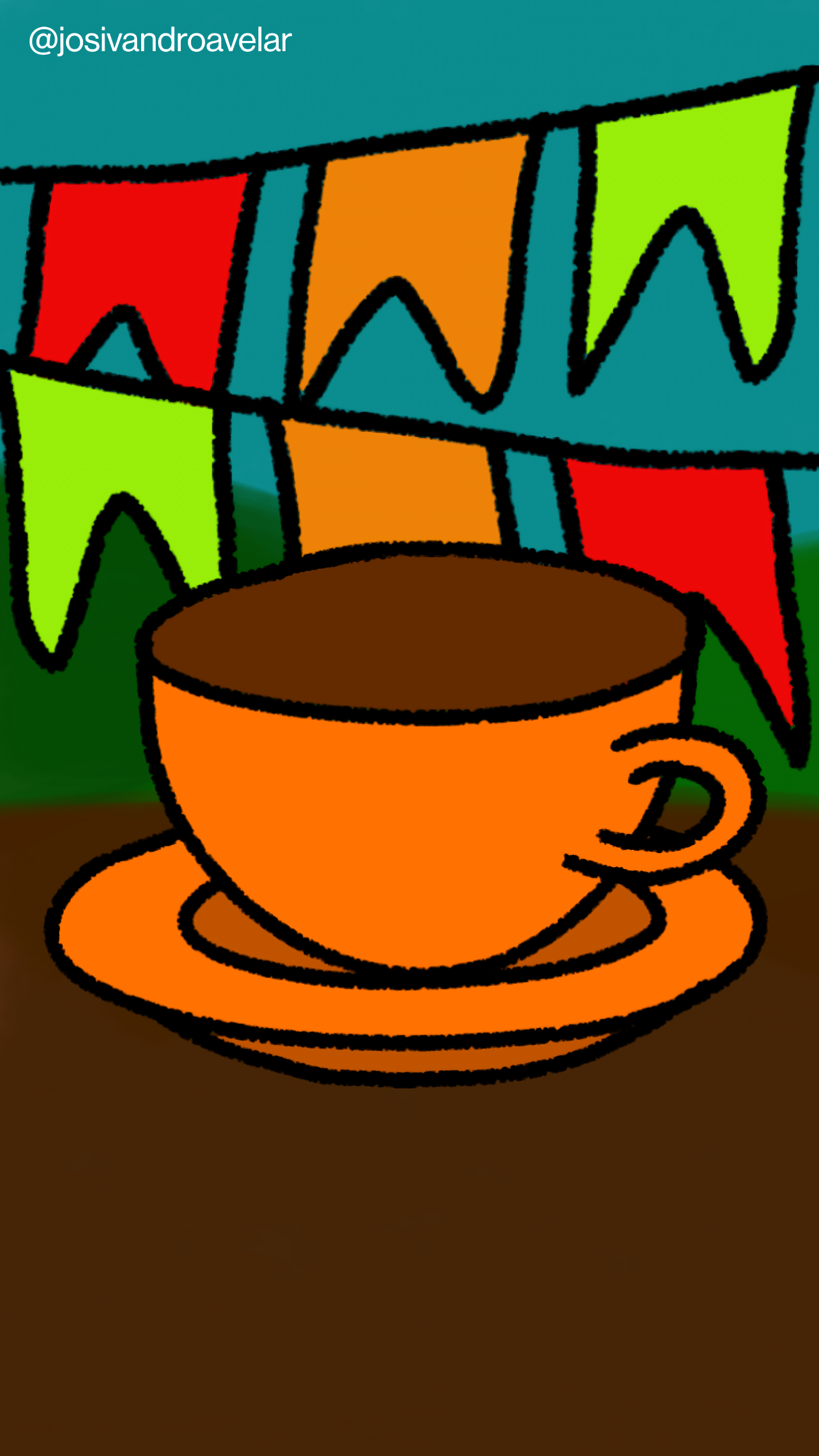 Artes digitais: café para uma nova rotina, de lembrança da temporada junina 1 café para uma nova rotina, de lembrança da temporada junina, em uma xícara em tom de barro alaranjado, sobre uma mesa em tom de madeira escura, ao fundo de uma serra com bandeirolas juninas.