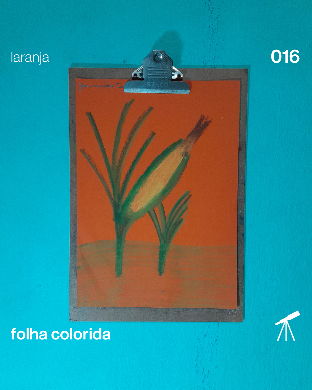#FolhaLaranja 016 - Época de milho 1 É época de milho, com espigas de milho no pé com giz pastel oleoso sobre uma folha de cor laranja.