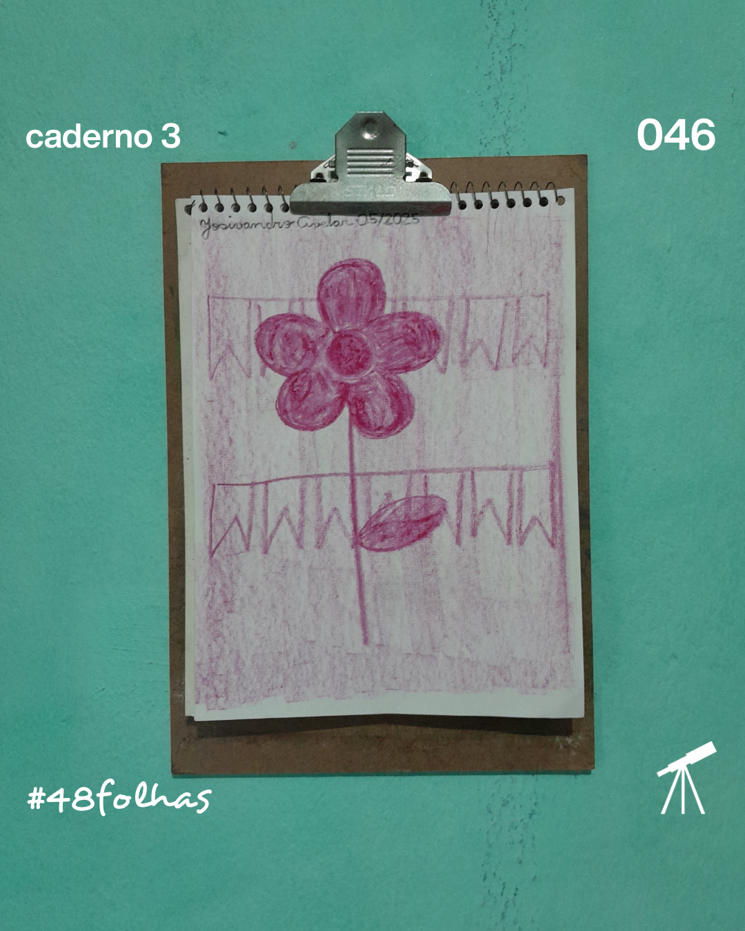 #48folhas caderno 3 - 046: Flor junina 1 Rosa junina, desenhada com giz de cera de cor vinho.
