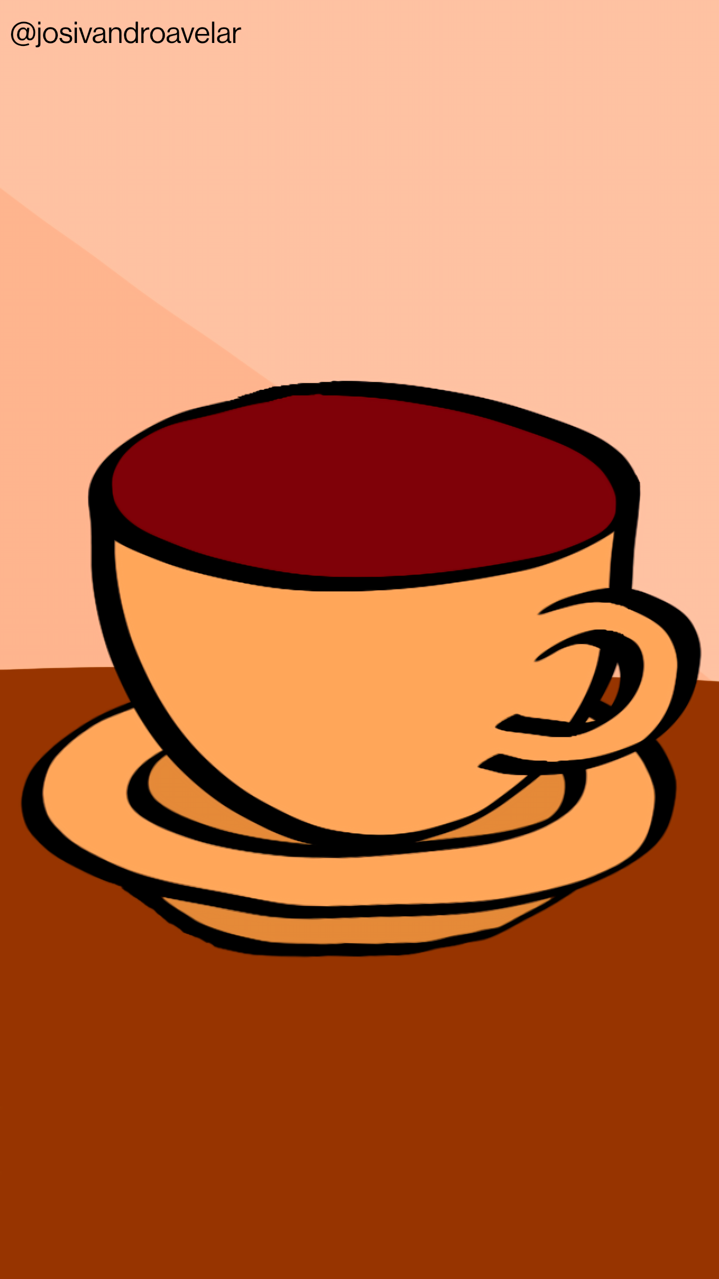 Artes digitais: café tradicional 1 Café tradicional, servido em uma xícara em tom de bege alaranjado, sobre uma mesa em tom de madeira escura, em um fundo em tons de bege.