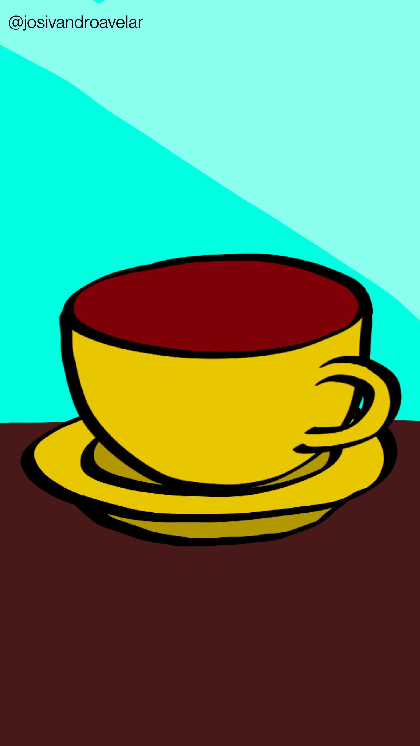 Artes digitais: a energia do café 1 A energia do café preparado em uma xícara em tons de amarelo, sobre uma mesa em tons de madeira escura, sobre um fundo em tons de azul claro.