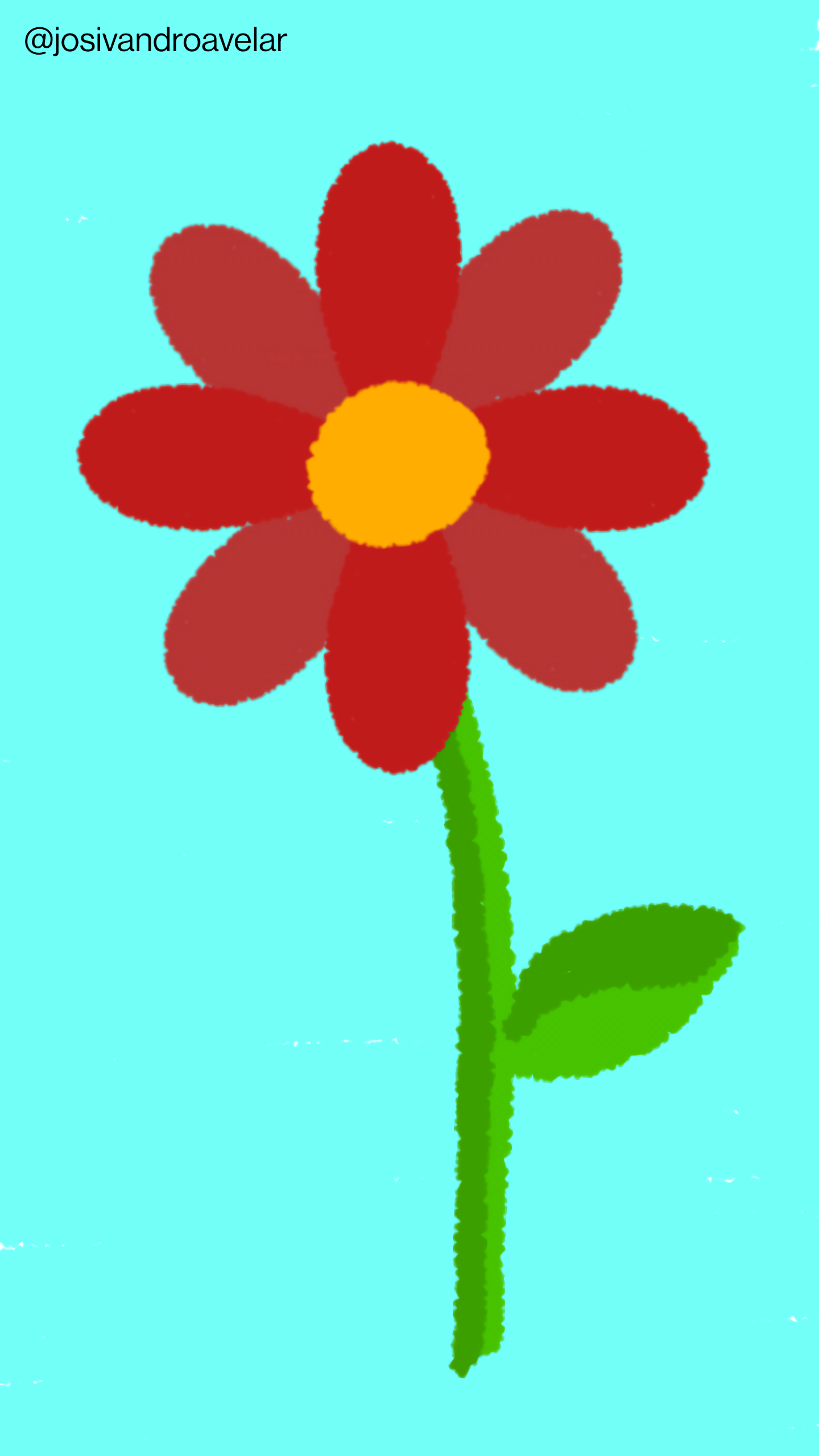 Arte em flor, com pétalas em tons de vermelho, sobre um fundo em tons de azul, em aspecto de aquarela.
