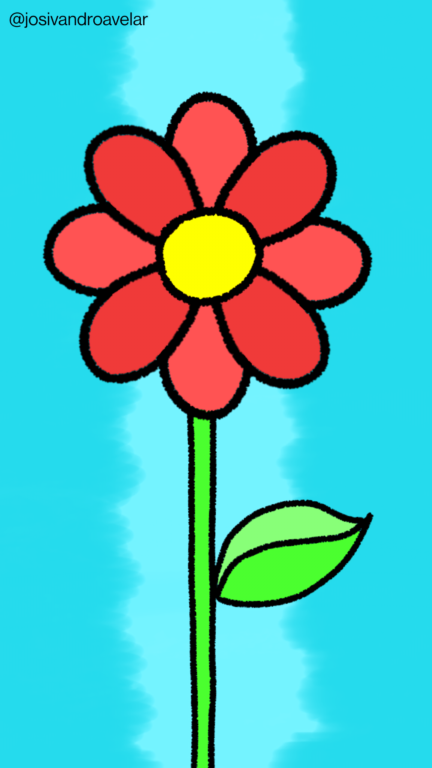 Flor desenhada do rabisco até a cor, com pétalas em tons de vermelho e fundo em tons de azul.