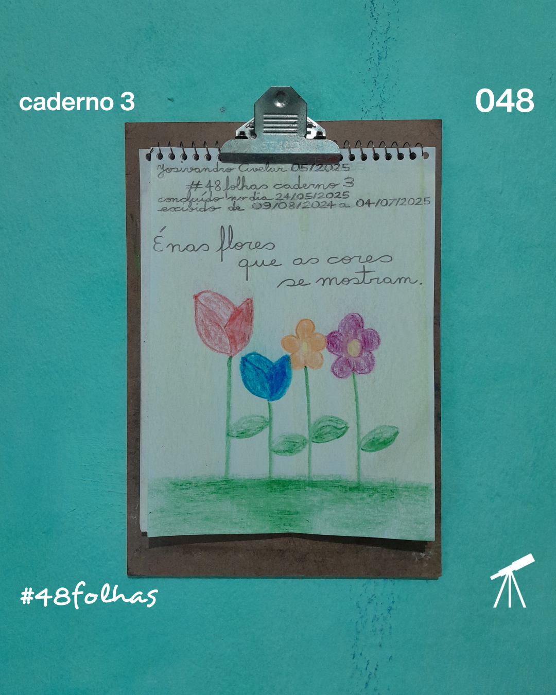 #48folhas caderno 3 - 048: Onde as cores se mostram 1 Quatro flores de cores vermelha, azul, laranja e roxa em um campo em verde, onde se lê ao fundo as frases: "#48folhas caderno 3, concluído em 24/05/2025, exibido de 09/08/2025 a 04/07/2025" e "É nas flores que as cores se mostram".