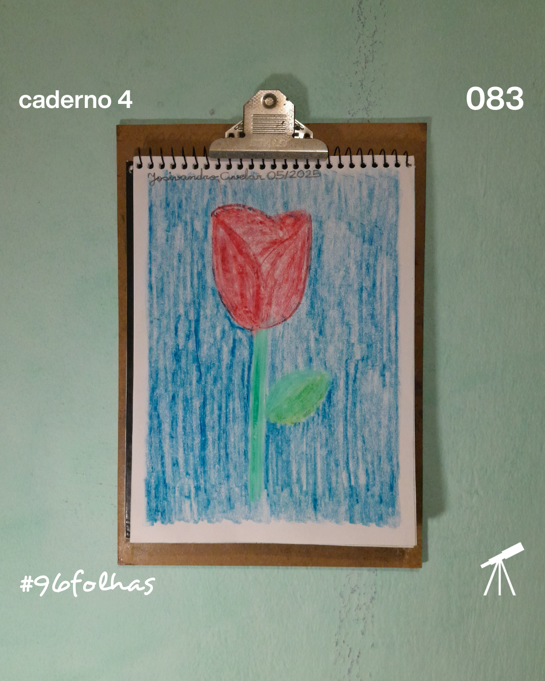 #96folhas caderno 4 - 083: A notável rosa 1 A notável rosa vermelha, sobre fundo azul, desenhada com giz de cera.