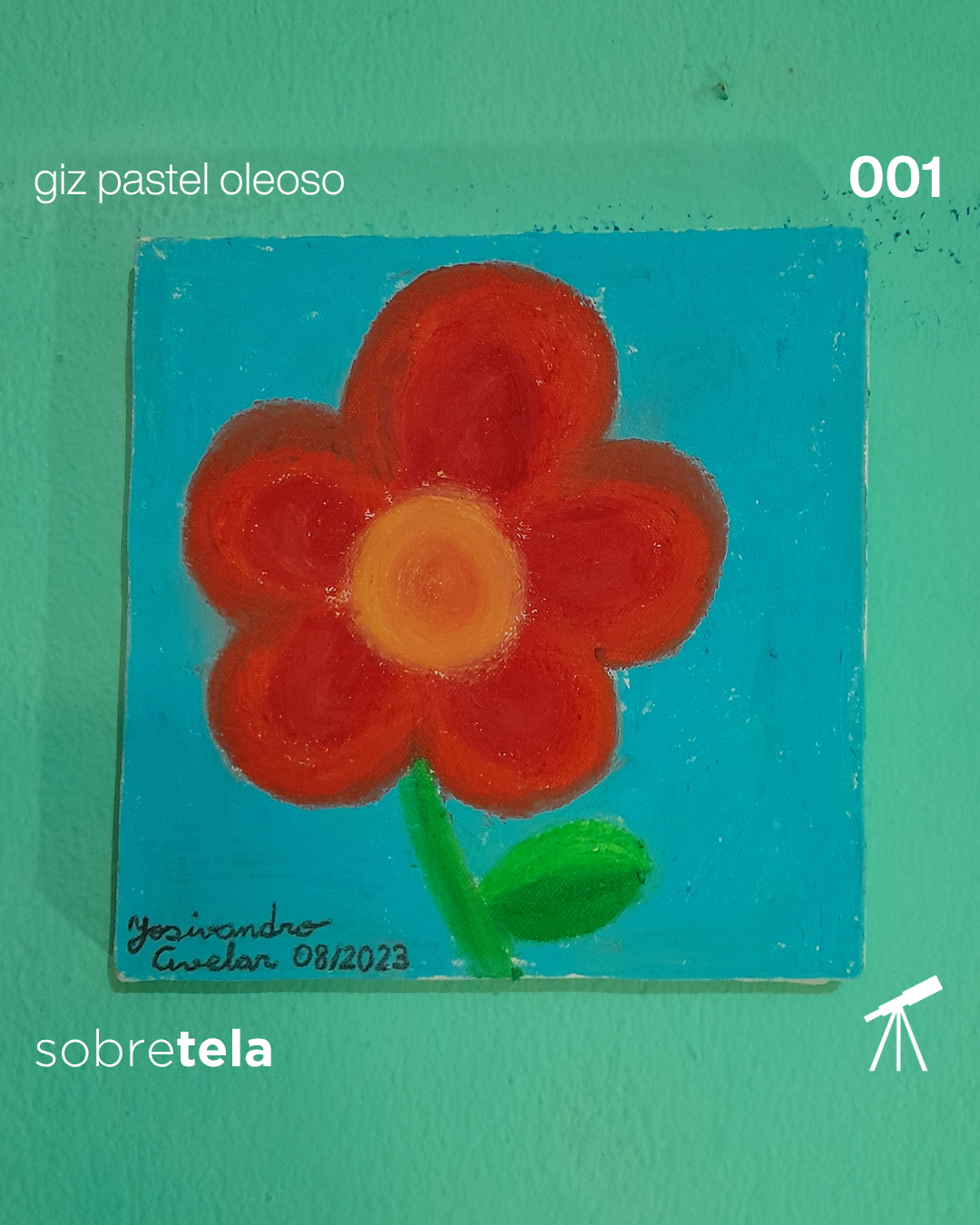 #sobretela 001 - Cores da vida 1 Flor vermelha, sobre fundo azul, pintada em giz pastel oleoso sobre tela, representando as cores da vida.
