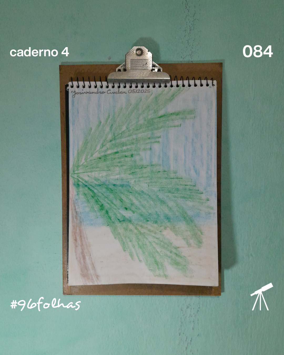#96folhas caderno 4 - 084: Em busca da sombra do coqueiro 1 Em busca da sombra do coqueiro, desenhado com giz de cera.