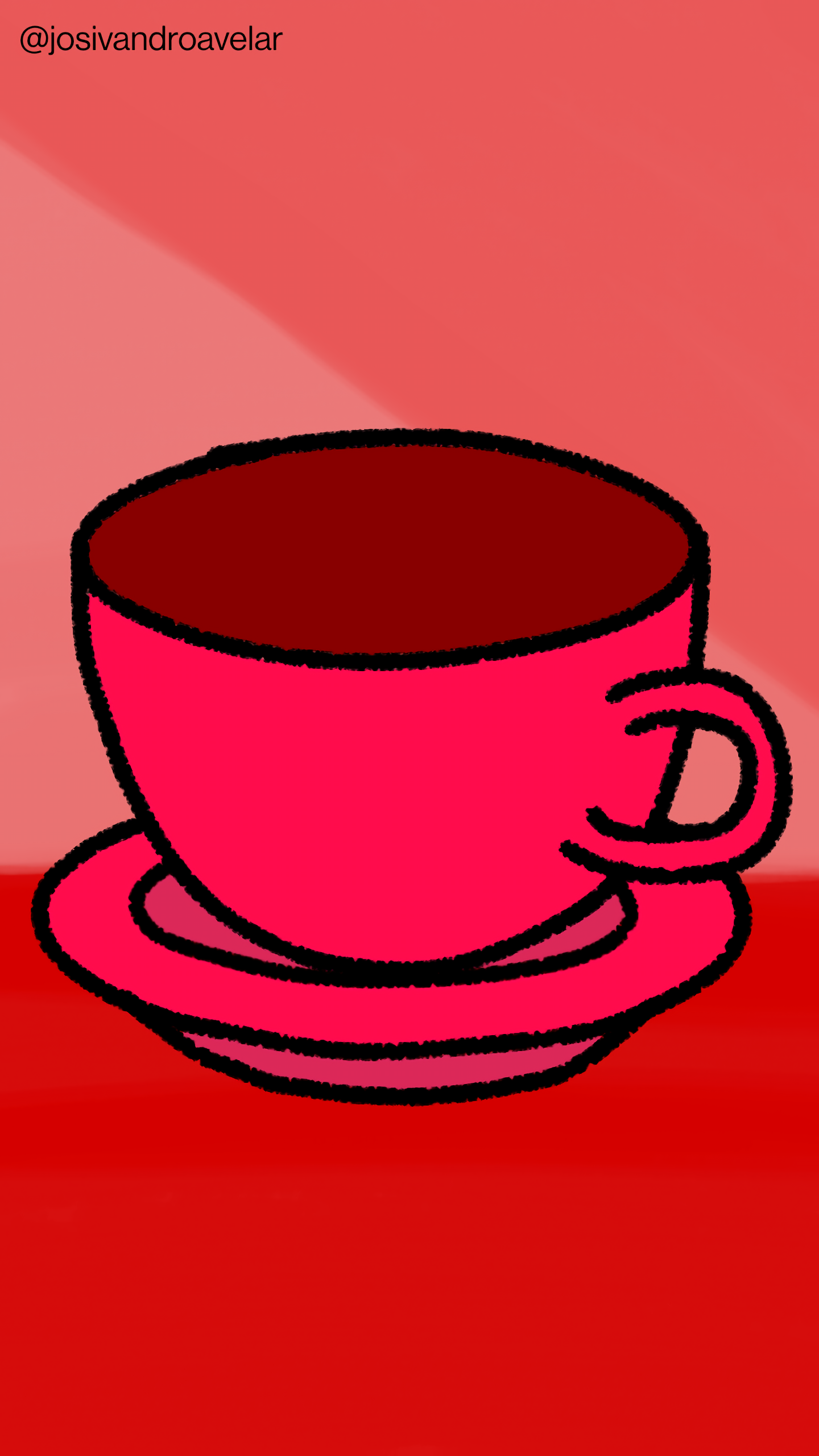 Artes digitais: só mais um café 1 Só mais um café, em uma xícara em tons de vermelho, sobre uma mesa em tom de madeira avermelhada, em um fundo em tons de vermelho.